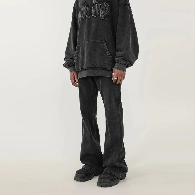 american ro black washed frayed flared jean high street trend personality vintage slim fit flare denim pants cleanfit distressed stacked flare jeans