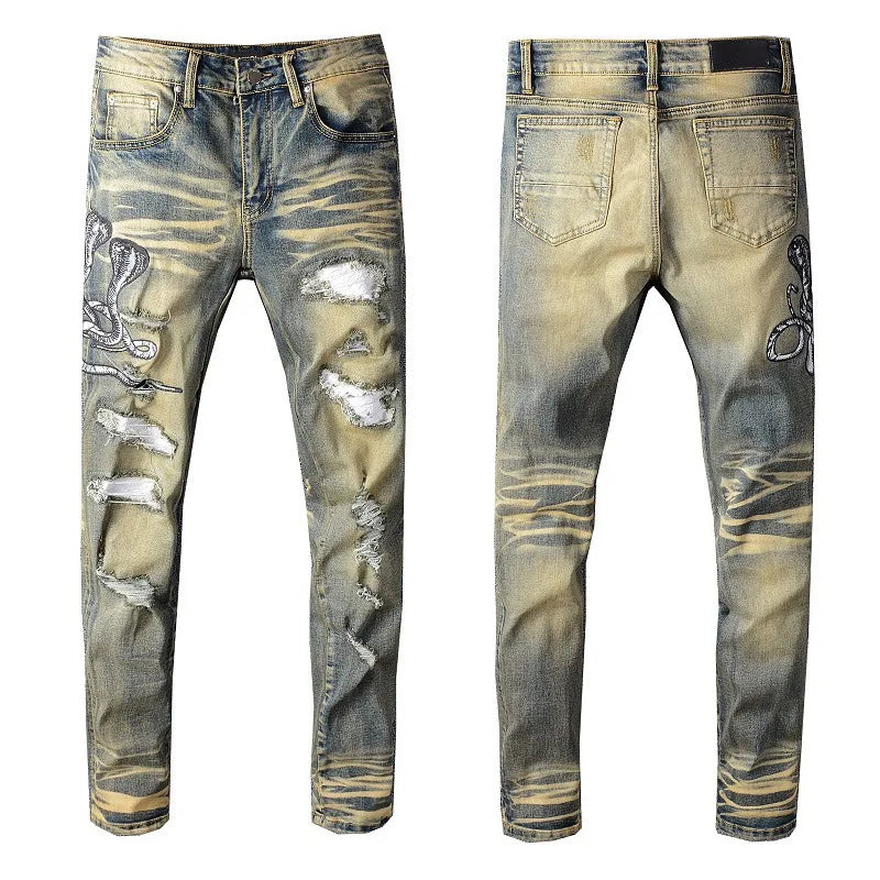 high 2023 brand new classical luxurious embroidered chemist cobra snake jeans cotton denim pants comfort casual jeans 28 40 73 unique jeans style 2773