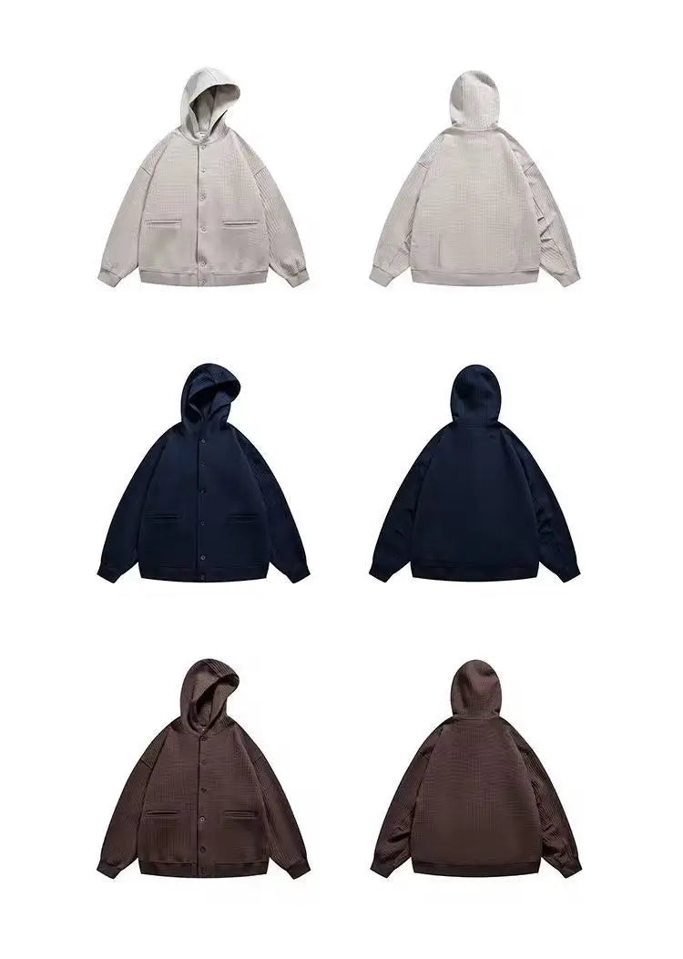 Korean Retro Y2K Waffle Hooded Jacket for Men and Women Ins Harajuku Style Casual Loose Couple Wear Cardigan Sweatshirt