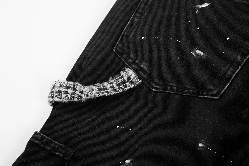black white checkered patchwork straight leg denim trousers men hip hop splashed ink logging pants jeans slim fit washed torn unique jeans style 570