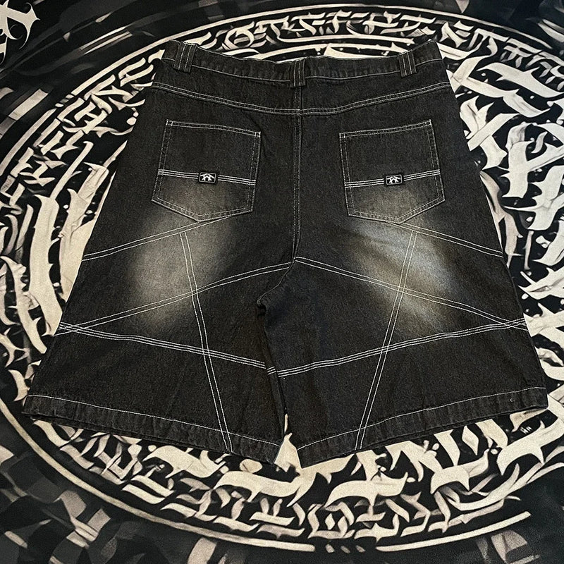 color match pocket washed baggy jeans shorts for men and women wide leg streetwear casual over knee length denim pants unique jeans style 4702