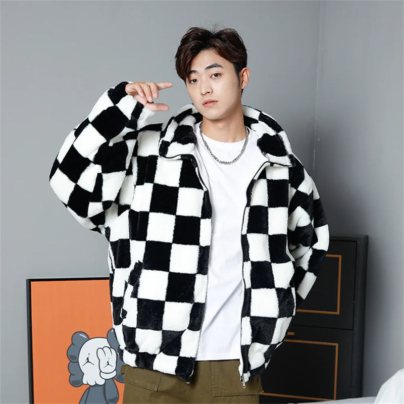 Abcvan Snaki 2023 New High Quality Black and White Plaid Rabbit Hair Cotton Coat Men's and Women's Coat