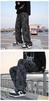 blue black plaid jeans men retro casual wide leg jeans mens streetwear loose hip hop straight denim trousers men vintage jeans unique jeans style 3934