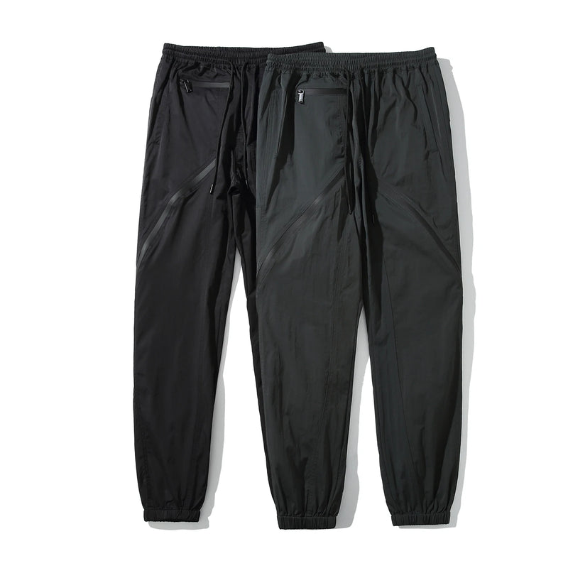 nylon deconstructed zipper up splicing cargo pant for mens black overalls streetwear function bilayer slim fit joggers pants urban active pants