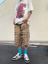destroy ripped big holes spliced denim jeans shorts hip hop loose short pant harajuku half baggy jeans mens summer casual shorts unique jeans style 2675