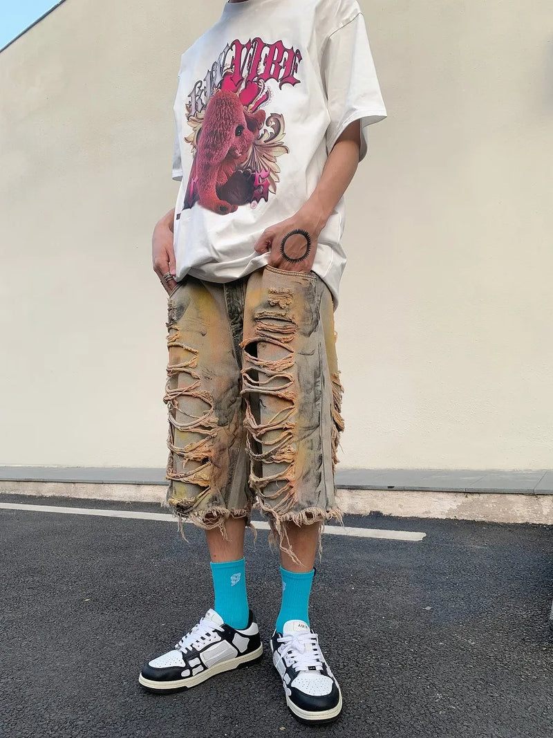 destroy ripped big holes spliced denim jeans shorts hip hop loose short pant harajuku half baggy jeans mens summer casual shorts unique jeans style 2675