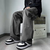 new korean fashion cargo straight pants for men autumn casual zipper pocket drawstring trousers classic tactical y2k pantalones unique cargo style 233