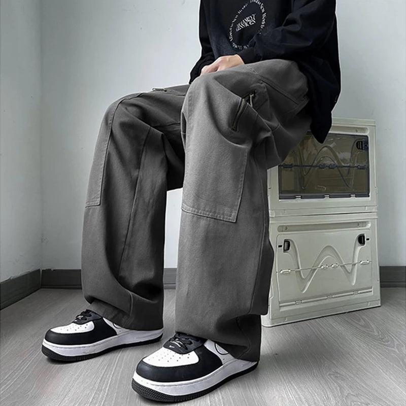new korean fashion cargo straight pants for men autumn casual zipper pocket drawstring trousers classic tactical y2k pantalones unique cargo style 233