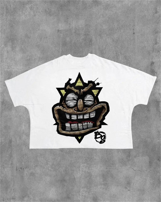 oversized harajuku cartoon shirt with bold pastel sketch distortion