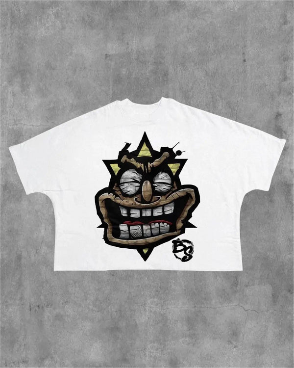 oversized harajuku cartoon shirt with bold pastel sketch distortion