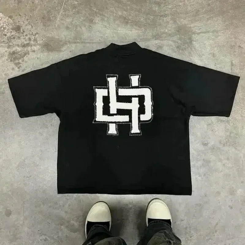 Harajuku Hip-hop Versatile Anime Letter Print Oversized Short-sleeved T-shirt Y2k Men Women Casual Loose Fashion Retro Top