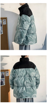 Men Japanese Streetwear Puffer Jackets 2023 Winter Mens Full Print Fashions Bubble Coat Couple Patchwork Thick Parkas