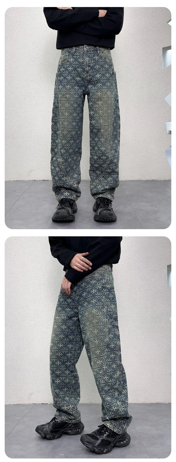 men jacquard loose casual hip hop vibe splice pocket denim baggy jeans pants man streetwear ripped jeans trousers boyfriend unique jeans style 3134