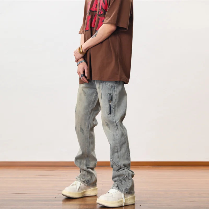 hip hip streetwear denim straight pants mens harajuku retro washed cotton casual zipper joggers jeans trousers pants jean men casual joggers