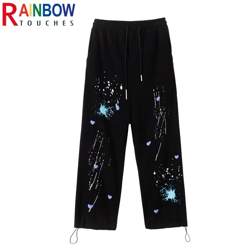 rainbowtouches 2022 unisex pants splash ink print high street drawstring loose casual pants mens straight fashion women pants menswear bottoms