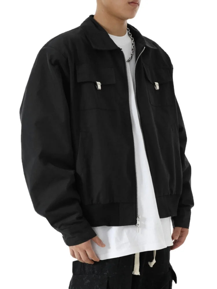 mens soild color jacket and coat casual zipper bomber jackets with pocket high street cargo outerwear short homme men clothin - variant style 963be8 for streetwear fashion