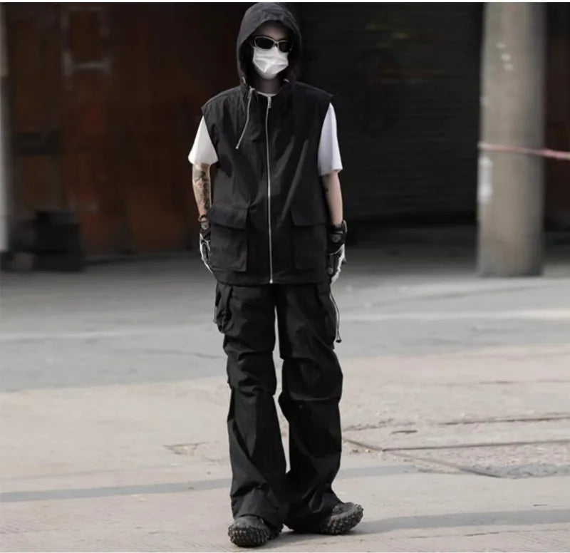 summer casual sleeveless set men hip hop loose hooded vest pockets straight leg cargo pants 2 piece outdoors sports camp suit unique cargo style 4412
