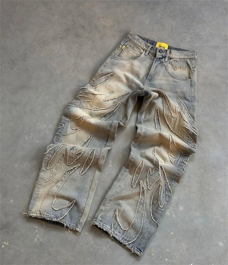 vintage y2k retro black baggy jeans for men hip hop punk raw edge embroidery jeans pattern patchwork high waisted denim pants unique jeans style 1563