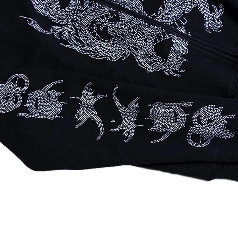 Y2K Rhinestone Skeleton Men Women Grunge Hooded Jacket Zip Up Oversize