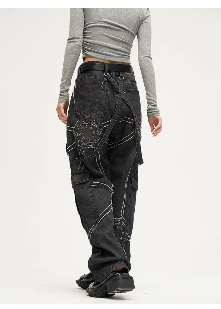 punk belt denim jeans pants women harajuku streetwear side pocket cotton men unisex casual baggy joggers straight pants trousers unique joggers style 4371