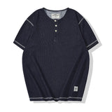Glitchcore Melting smiley – Denim Blue Knitted Henry Collor T Shirt Men Vintage Topstitc