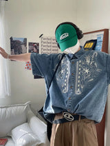 Retro embroidered denim shirts for men and women in summer loose Hong Kong style distressed short-sleeved Polo collar couple top