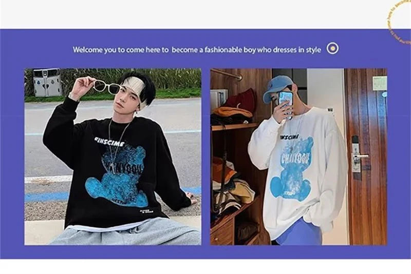 Graphic Blue Bear Kawaii Print Pullovers Hoodies For Men Autumn Fleece