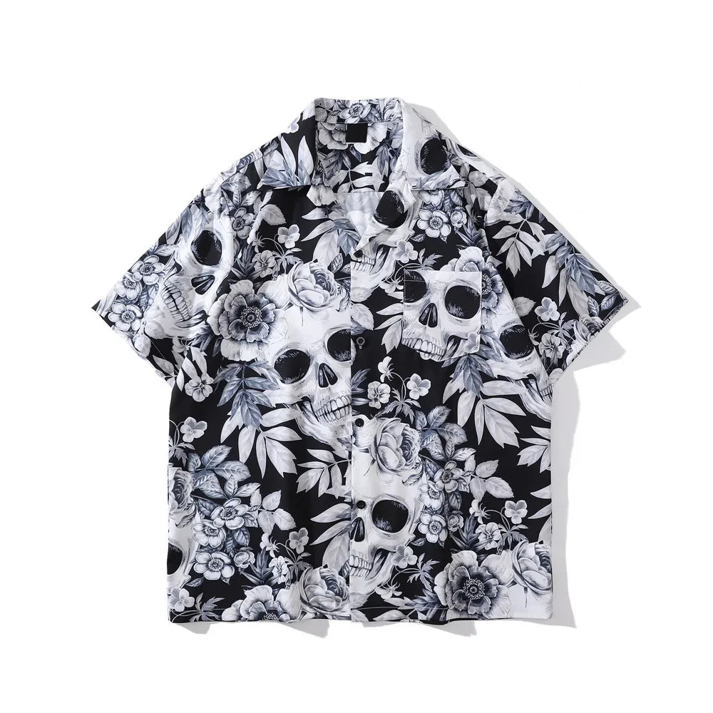 Dark Icon Skeleton Floral Men's Shirt Summer Vintage Shirts for Men Male Top