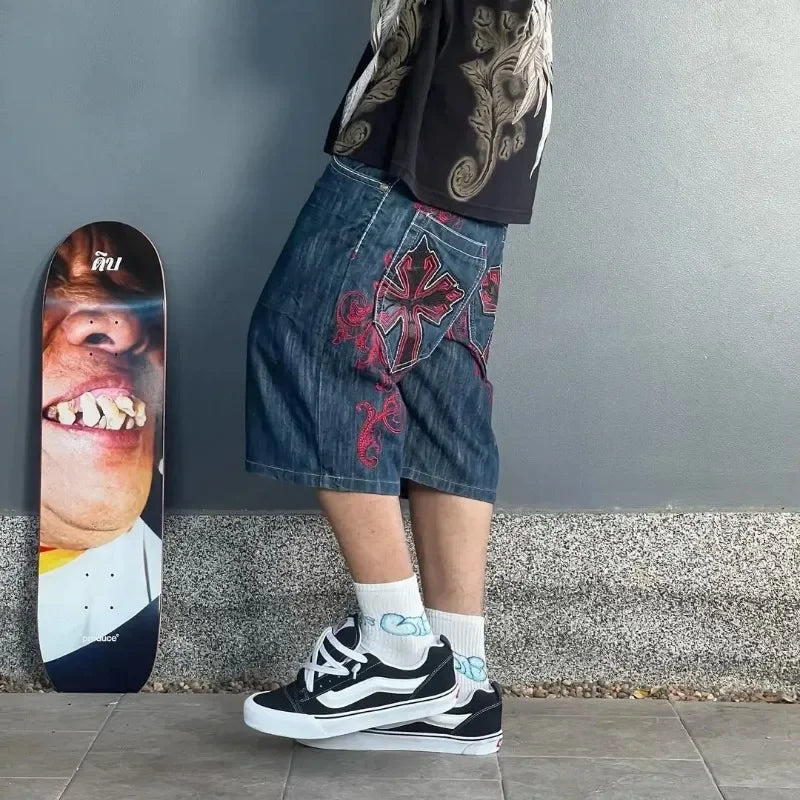 2024 new fashion comfortable versatile Gothic punk cross graphic print design casual denim short for men casual jorts shorts y2k
