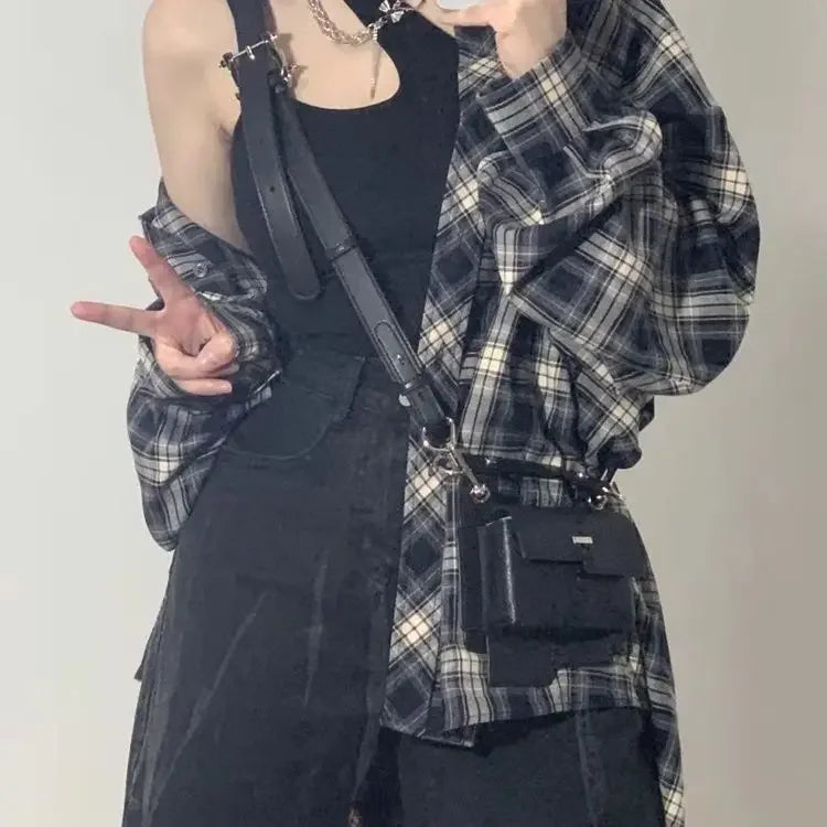Power Wear Plaid Shirts Women Idle Sle Retro Cardigan Shirt Outerwear Long sleeve Top Spring and Autumn