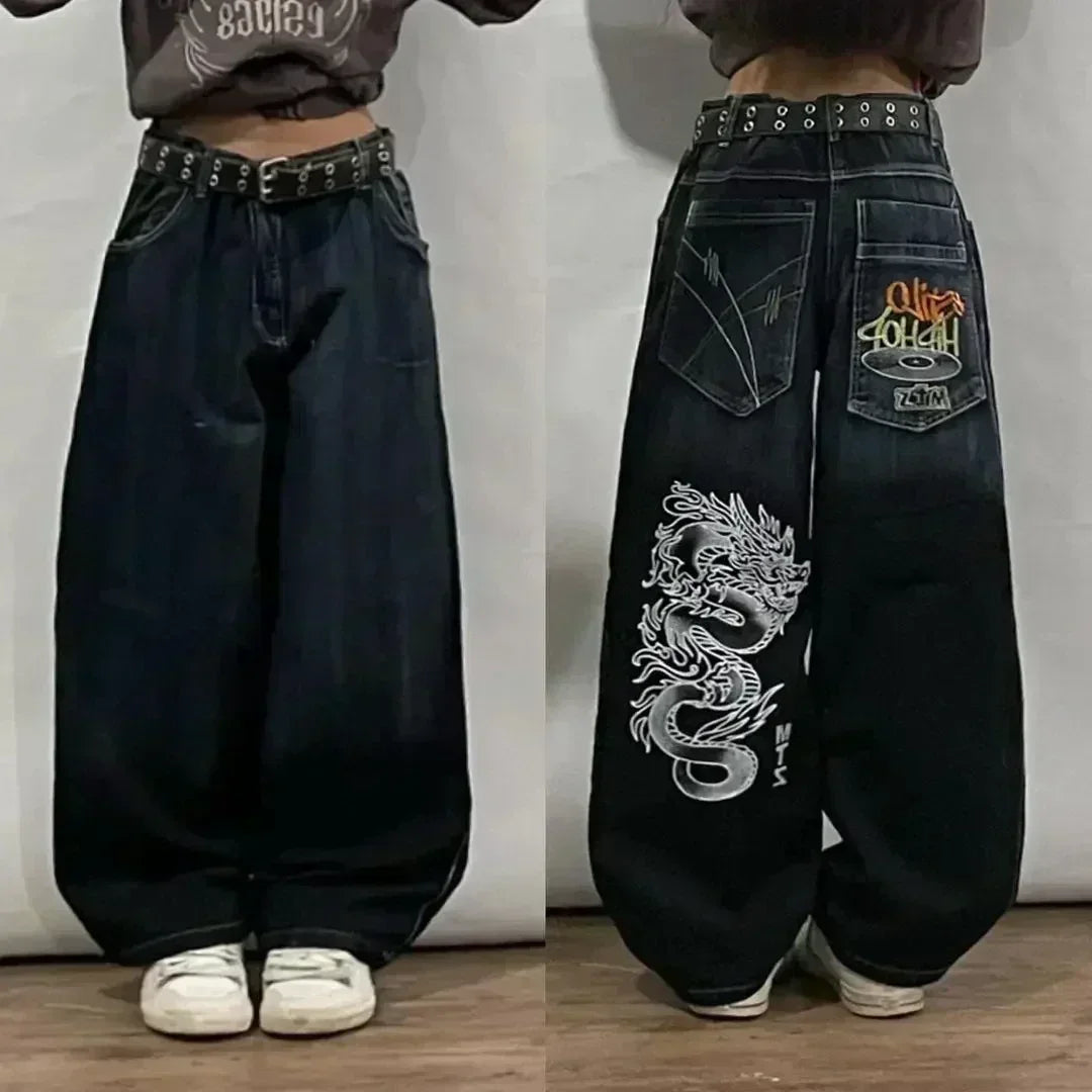 american fashion pattern embroidery loose women street y2k new hip hop punk oversized mopping wide leg pants couple casual jeans unique jeans style 3071