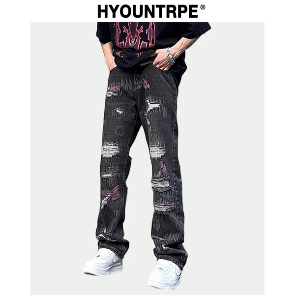 harajuku irregular scratched ripped holes denim jeans men zipper jeans hip hop streetwear new casual straight joggers jean pants sporty tapered joggers