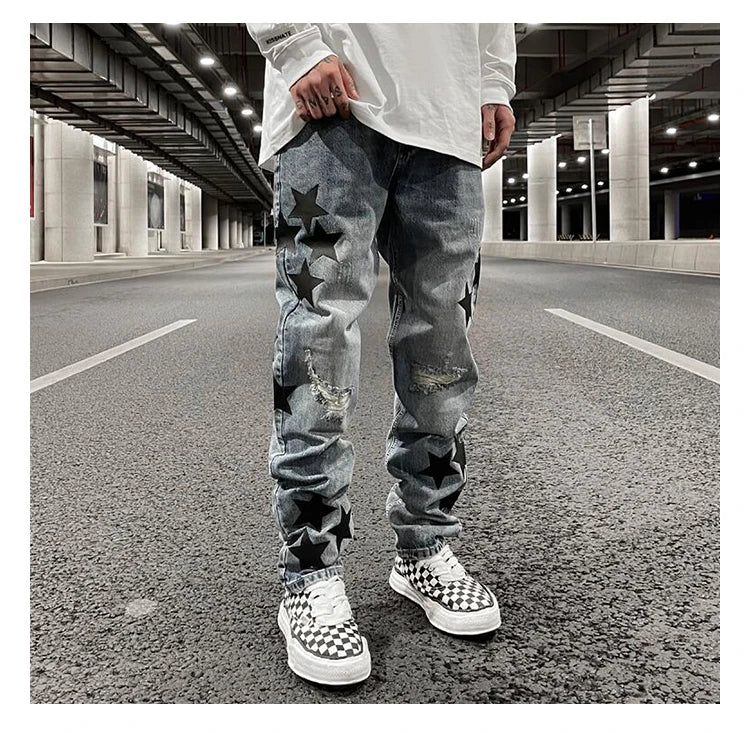 fashion ripped destroied jeans trousers distressed biker jeans with stars high street slim pants joggers denim jeans for men unique joggers style 3259
