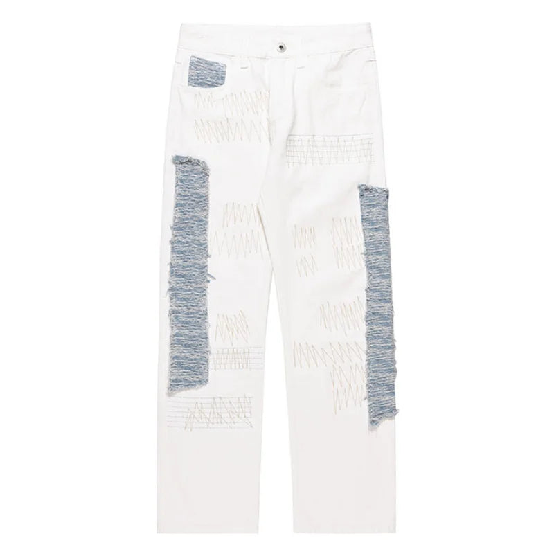 irregular sewing scratched patchwork denim jeans men casual straight biker zipper trousers streetwear hip hop jean pants joggers casual joggers