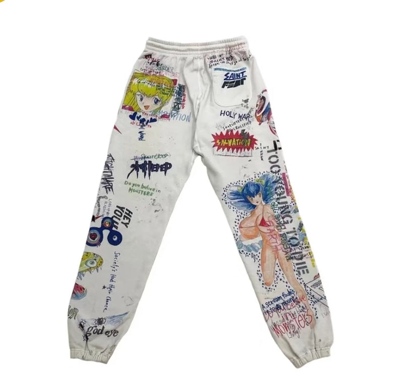24ss vintage retro graffiti washed worn cotton high street long pants leggings clean everyday pants