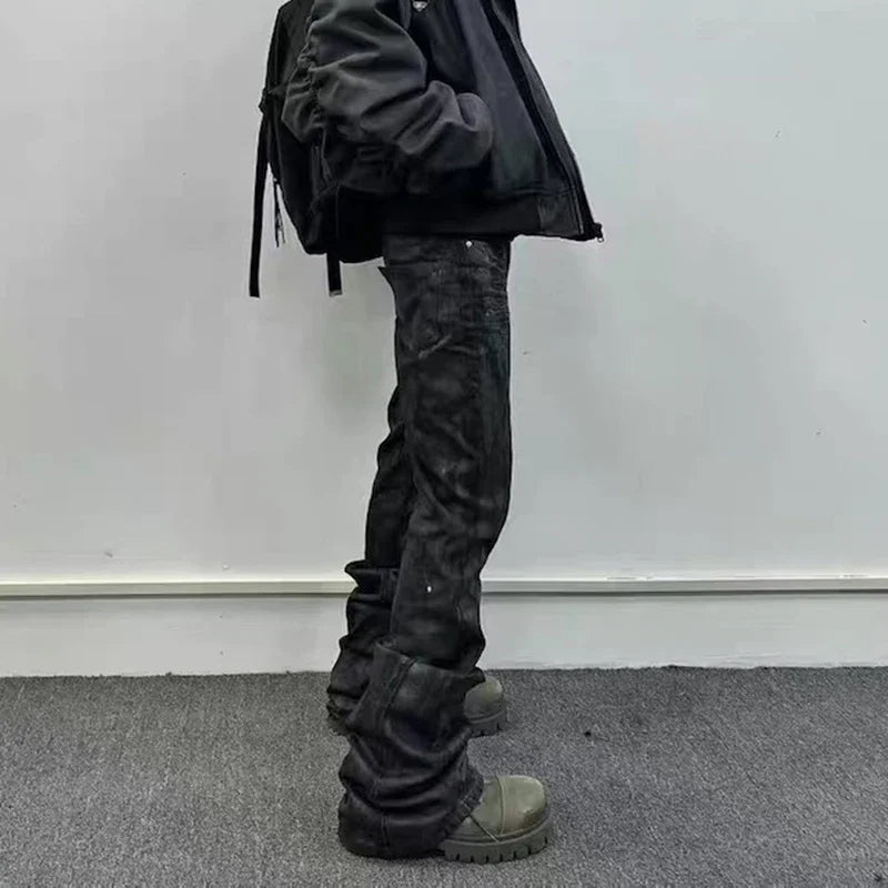 high street hand brushed glue sparkling baggy flare jeans for men y2k pantalones hombre leather pants oversized denim trousers unique jeans style 5959