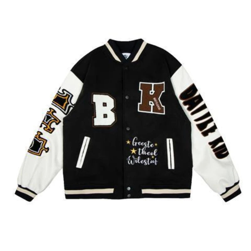 panel varsity outerwear, 2025 trend, for men, fall streetwear outfit, oversized style, layered fashion, modern aesthetic, graphic detail