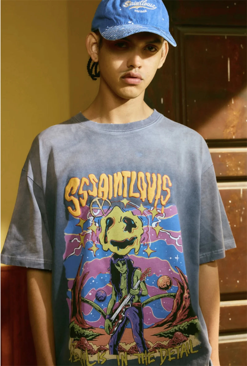 SSSAINT LOUIS Rock Alien Print Hip-Pop High-Street wear Vintage Retro Oversized Tops Tee