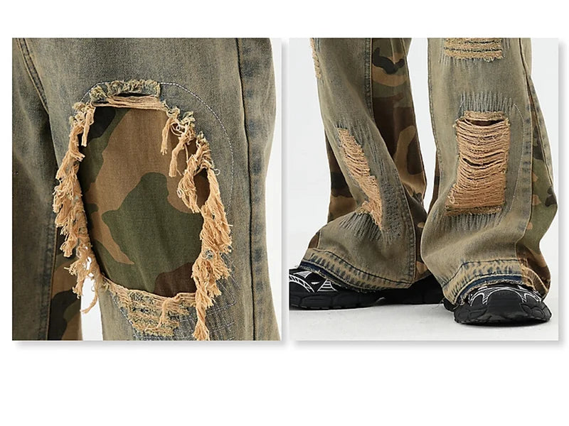 hip hop camouflage ripped patchwork denim pants for men y2k vintage streetwear wide leg jean 2025 new distressed baggy jeans unique jeans style 328