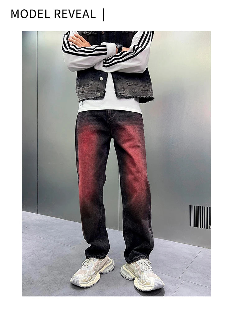 2024 spring autumn high street wide leg denim pants men render red loose straight jeans y2k fashion streetwear baggy trousers unique jeans style 4406