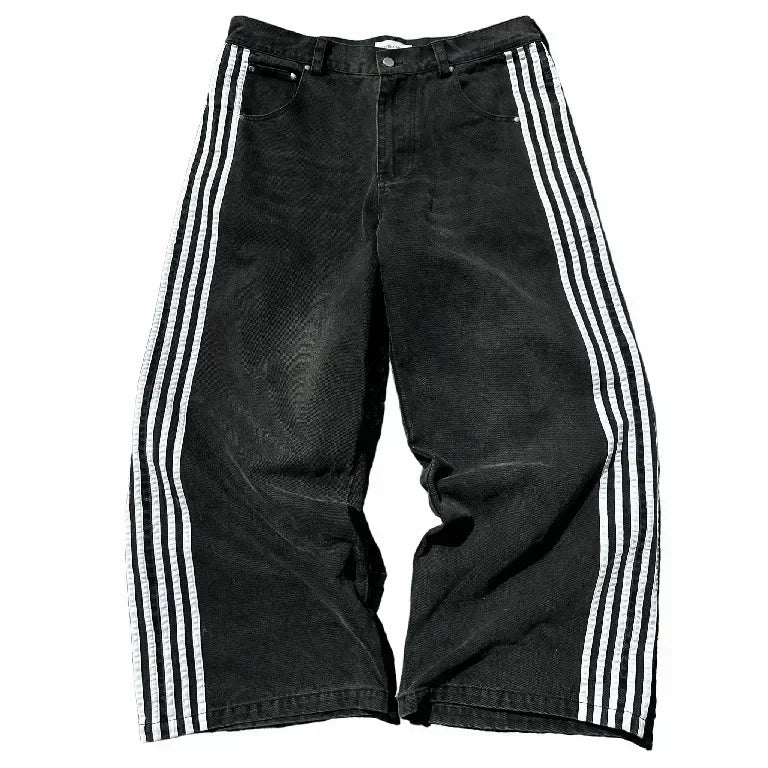 gothic embroidered wide leg denim pants high street streetwear harajuku retro hip hop mens jeans y2k black striped baggy jeans vintage washed jeans