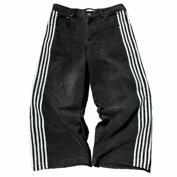 gothic embroidered wide leg denim pants high street streetwear harajuku retro hip hop mens jeans y2k black striped baggy jeans vintage washed jeans