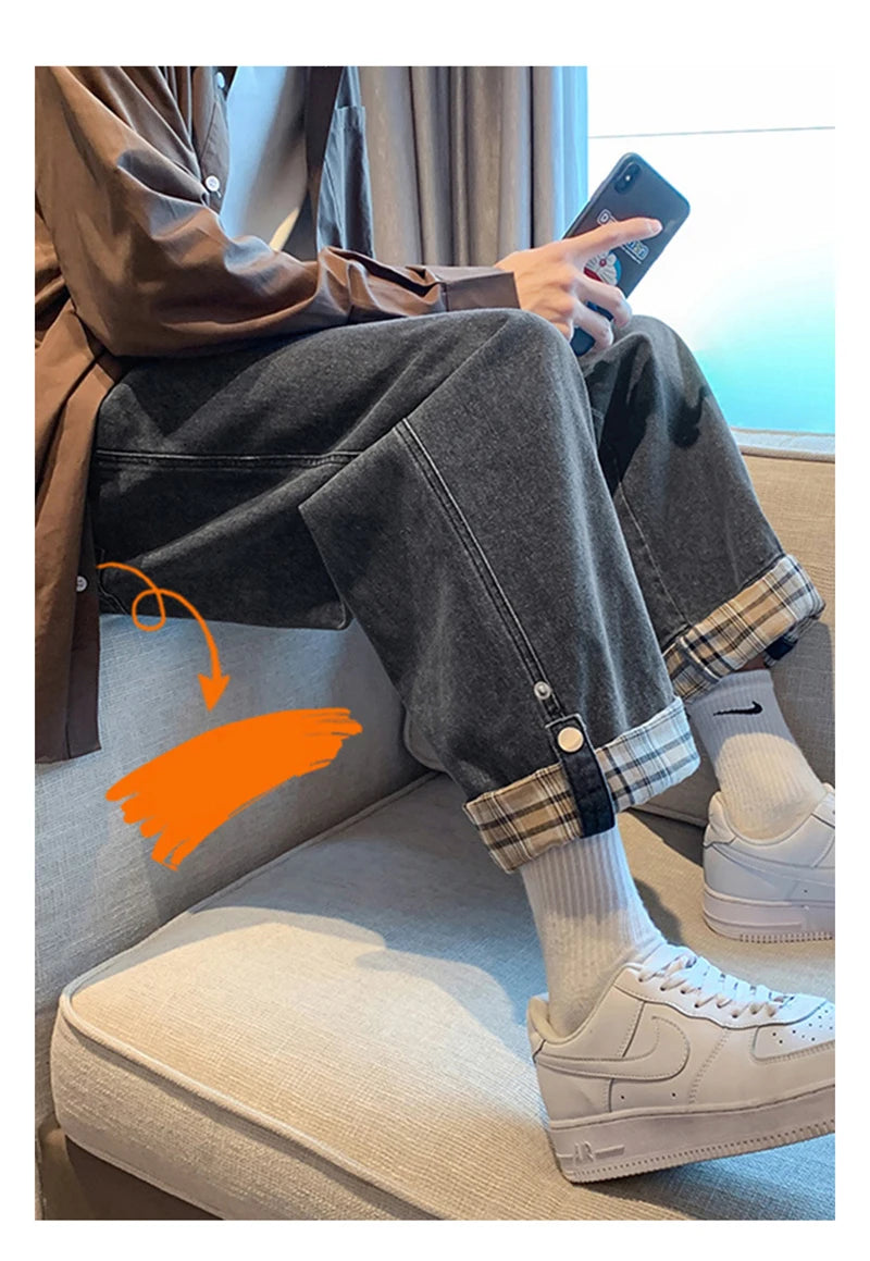 2024 new plaid trouser legs jeans for men casual baggy straight denim pants korean fashion y2k streetwear pantalones hombre jean unique jeans style 3569