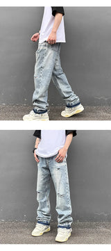 destroy ripped holes high street pants mens casual harajuku zipper straight trousers hip hop fashion streetwear baggy joggers unique joggers style 2170