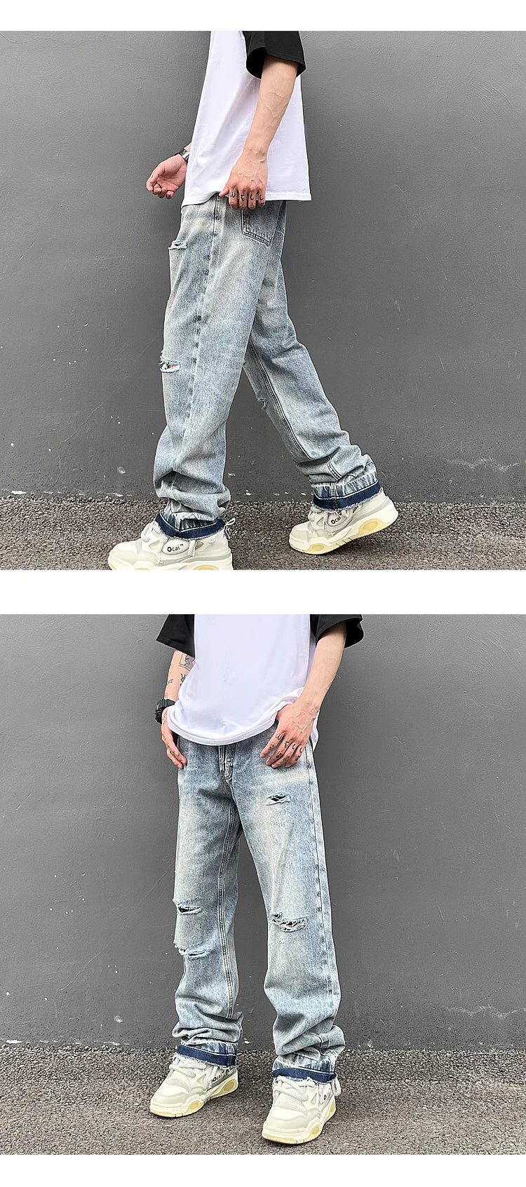destroy ripped holes high street pants mens casual harajuku zipper straight trousers hip hop fashion streetwear baggy joggers unique joggers style 2170