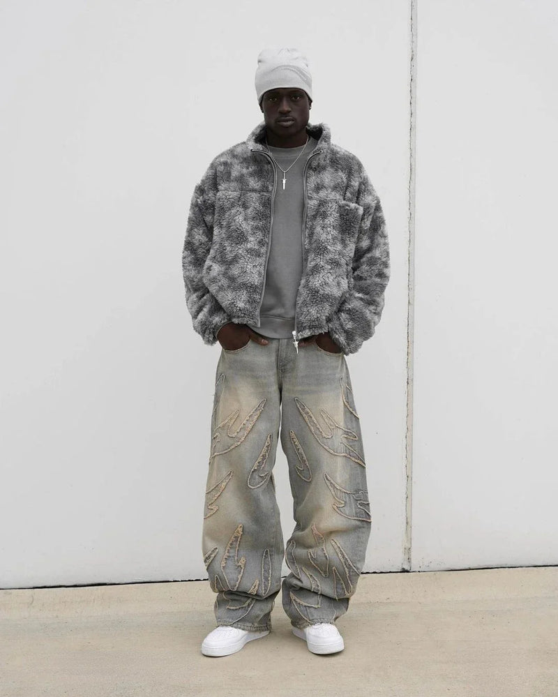 american gothic patchwork raw edge embroidered letter jeans mens street hip hop harajuku high waisted wide leg pants womens unique jeans style 1799