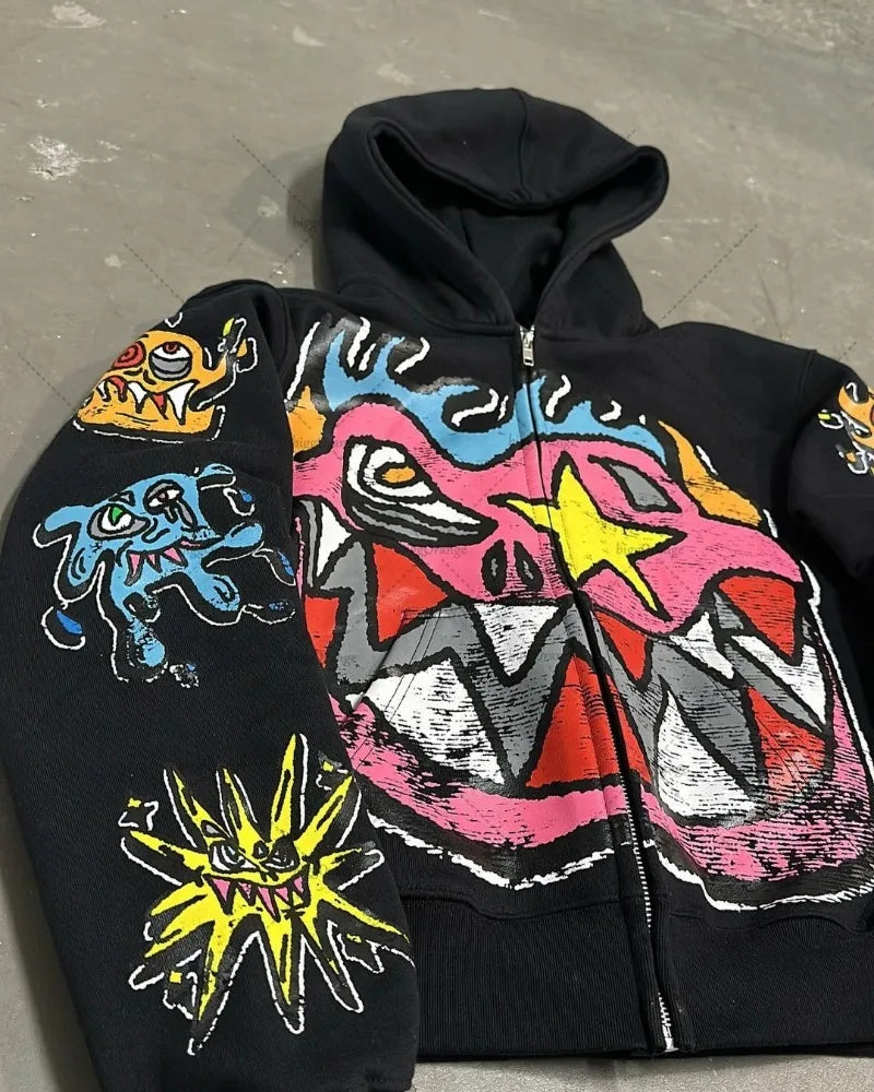 Street Fashion Brand Retro Zipper Hoodie Men Anime Graffiti Print Over