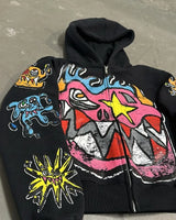 Street Fashion Brand Retro Zipper Hoodie Men Anime Graffiti Print Over