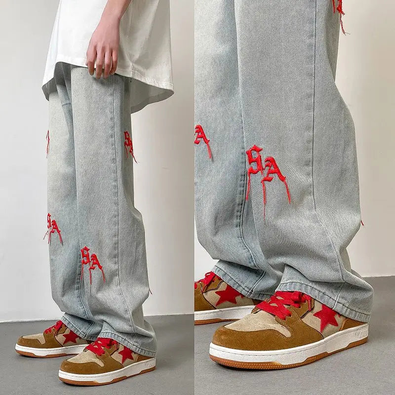 2023 summer new fashion retro embroidery jeans loose straight leg pants versatile wide leg pants boutique clothing simple style urban skinny jeans