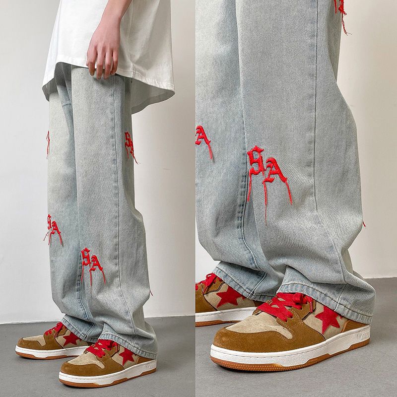 2023 summer new fashion retro embroidery jeans loose straight leg pants versatile wide leg pants boutique clothing simple style unique jeans style 3948